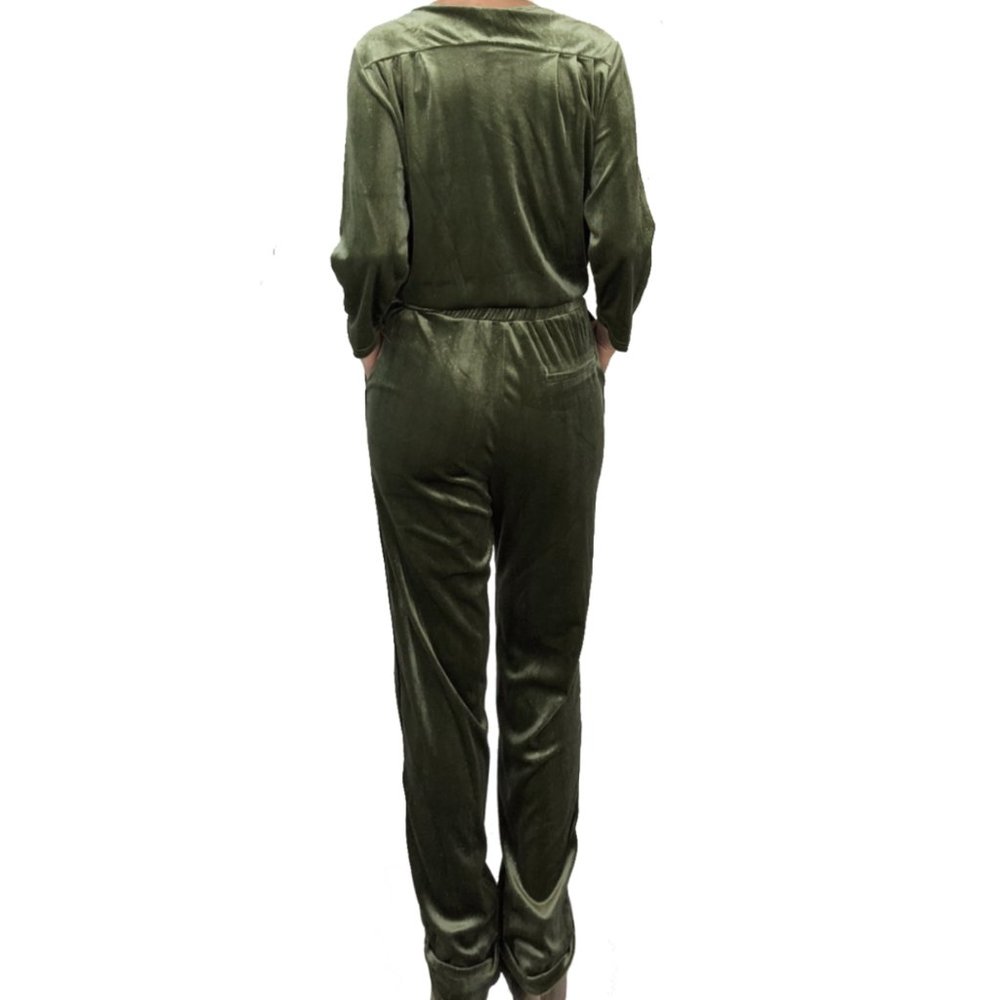 NEW FRNCH Women Glitter Velvet Olive V Neck Wrap Jumpsuit Long Sleeve Pants - Picture 3 of 7